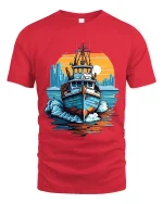 Vintage Harbor Boat Art Tee With Sunset City Ocean Vibes - red t-shirt on white background