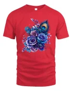 Elegant Peacock Feather Floral Art Tee With Royal Beauty - red t-shirt on white background