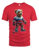 Funny Hockey Bear Graphic Tee With Playful Sports Style - red t-shirt on white background