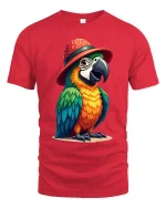 Funny Parrot Hat Art Tee With Colorful Tropical Personality - red t-shirt on white background