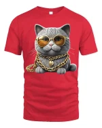 Funny Rich Cat Art Tee With Gold Chains And Cool Attitude - red t-shirt on white background