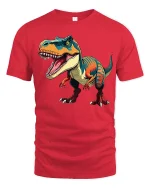 Fierce T Rex Dinosaur Art Tee With Bold Roaring Attitude - red t-shirt on white background