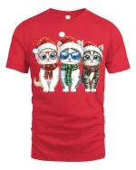 Cute Christmas Kittens Art Tee With Festive Holiday Smiles - red t-shirt on white background