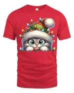 Cute Christmas Kitty Lights Tee With Cozy Holiday Magic - red t-shirt on white background