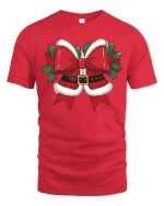 Funny Christmas Bow Graphic Tee With Santa Belt Style Design - red t-shirt on white background