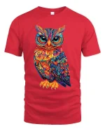 Colorful Owl Art Tee With Intricate Psychedelic Detail - red t-shirt on white background