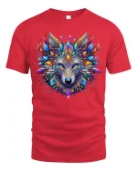 Colorful Crystal Wolf Art Tee With Majestic Fantasy Energy - red t-shirt on white background