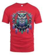 Mystic Owl Dreamcatcher Art Tee With Detailed Boho Fantasy - red t-shirt on white background