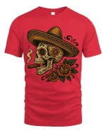 Sugar Skull Sombrero Art Tee With Bold Day Of The Dead Style - red t-shirt on white background