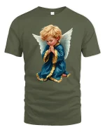 Praying Angel Child Art Tee With Peaceful Spiritual Feeling - military green t-shirt on white background