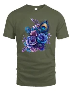 Elegant Peacock Feather Floral Art Tee With Royal Beauty - military green t-shirt on white background