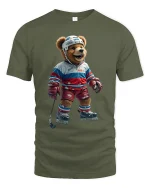 Funny Hockey Bear Graphic Tee With Playful Sports Style - military green t-shirt on white background