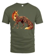 Elegant Fox Art Tee With Glowing Ornamental Pattern Design - military green t-shirt on white background