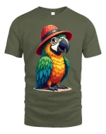 Funny Parrot Hat Art Tee With Colorful Tropical Personality - military green t-shirt on white background