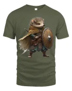 Brave Hedgehog Warrior Art Tee With Cute Fantasy Adventure - military green t-shirt on white background