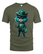 Funny Gangster Cat Art Tee With Stylish Mafia Suit Vibes - military green t-shirt on white background