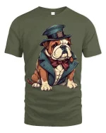 Funny Gentleman Bulldog Art Tee With Dapper Vintage Style - military green t-shirt on white background