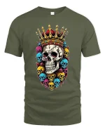 Royal Crown Skull Art Tee With Bold Colorful Rebel Style - military green t-shirt on white background