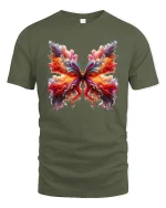 Colorful Butterfly Art Tee With Flowing Abstract Wing Design - military green t-shirt on white background