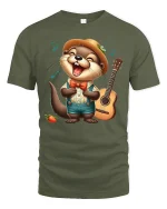 Funny Singing Otter Art Tee With Happy Music Lover Vibes - military green t-shirt on white background