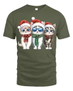 Cute Christmas Kittens Art Tee With Festive Holiday Smiles - military green t-shirt on white background