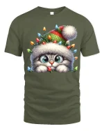 Cute Christmas Kitty Lights Tee With Cozy Holiday Magic - military green t-shirt on white background
