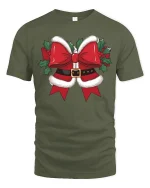 Funny Christmas Bow Graphic Tee With Santa Belt Style Design - military green t-shirt on white background