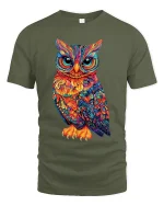 Colorful Owl Art Tee With Intricate Psychedelic Detail - military green t-shirt on white background
