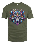 Colorful Crystal Wolf Art Tee With Majestic Fantasy Energy - military green t-shirt on white background