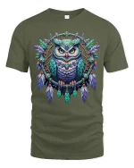 Mystic Owl Dreamcatcher Art Tee With Detailed Boho Fantasy - military green t-shirt on white background