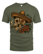 Sugar Skull Sombrero Art Tee With Bold Day Of The Dead Style - military green t-shirt on white background