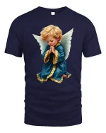 Praying Angel Child Art Tee With Peaceful Spiritual Feeling - navy t-shirt on white background