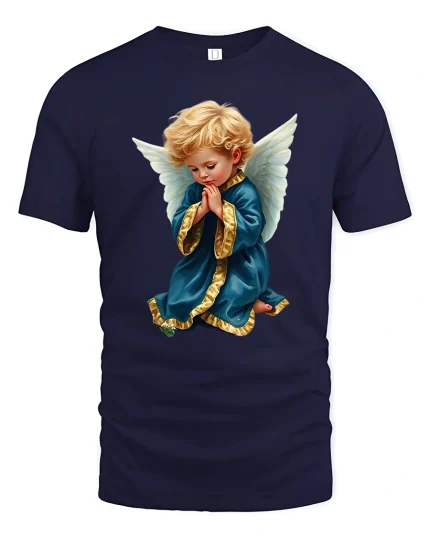 Praying Angel Child Art Tee With Peaceful Spiritual Feeling - navy t-shirt on white background