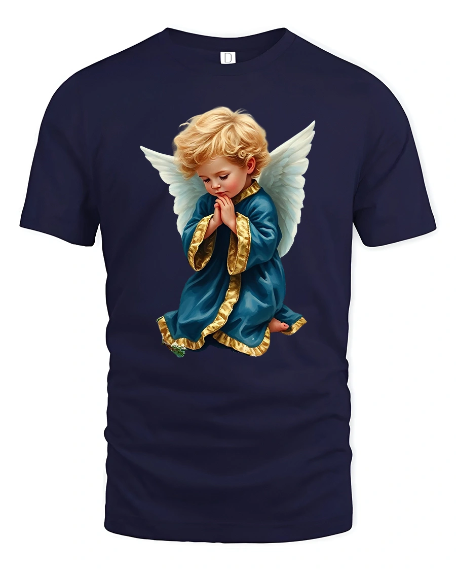 Praying Angel Child Art Tee With Peaceful Spiritual Feeling - 1 Praying Angel Child Art Tee With Peaceful Spiritual Feeling - navy t-shirt on white background