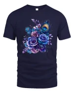Elegant Peacock Feather Floral Art Tee With Royal Beauty - navy t-shirt on white background