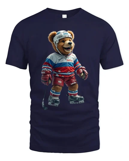 Funny Hockey Bear Graphic Tee With Playful Sports Style - navy t-shirt on white background