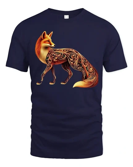 Elegant Fox Art Tee With Glowing Ornamental Pattern Design - navy t-shirt on white background
