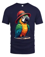 Funny Parrot Hat Art Tee With Colorful Tropical Personality - navy t-shirt on white background