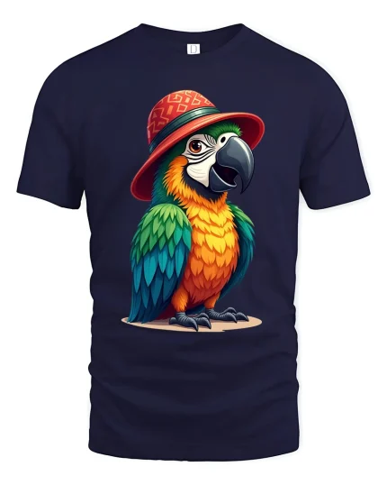 Funny Parrot Hat Art Tee With Colorful Tropical Personality - navy t-shirt on white background