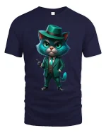 Funny Gangster Cat Art Tee With Stylish Mafia Suit Vibes - navy t-shirt on white background