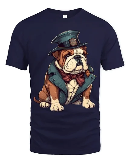 Funny Gentleman Bulldog Art Tee With Dapper Vintage Style - navy t-shirt on white background