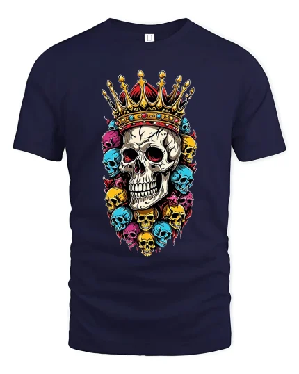 Royal Crown Skull Art Tee With Bold Colorful Rebel Style - navy t-shirt on white background