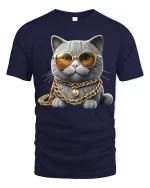 Funny Rich Cat Art Tee With Gold Chains And Cool Attitude - navy t-shirt on white background