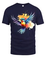 Colorful Flying Bird Art Tee With Splash Paint Energy - navy t-shirt on white background