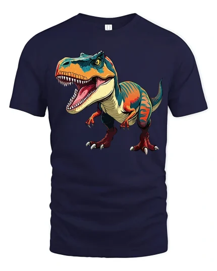 Fierce T Rex Dinosaur Art Tee With Bold Roaring Attitude - navy t-shirt on white background