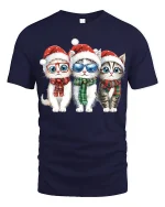 Cute Christmas Kittens Art Tee With Festive Holiday Smiles - navy t-shirt on white background