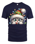 Cute Christmas Kitty Lights Tee With Cozy Holiday Magic - navy t-shirt on white background