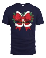 Funny Christmas Bow Graphic Tee With Santa Belt Style Design - navy t-shirt on white background
