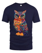 Colorful Owl Art Tee With Intricate Psychedelic Detail - navy t-shirt on white background