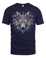 Colorful Crystal Wolf Art Tee With Majestic Fantasy Energy - navy t-shirt on white background